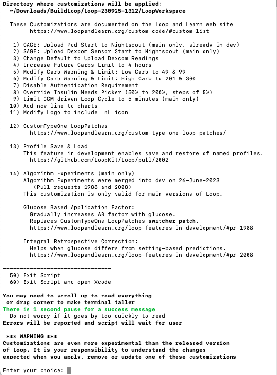 CustomizationSelect-screenshot-20230925 List of customizations provided by the CustomizationSelect script